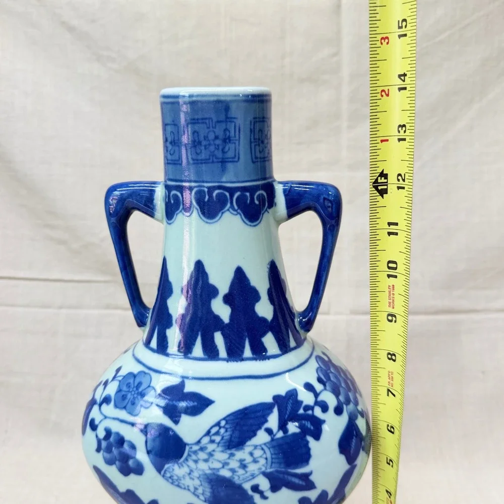 Vintage Blue and White Porcelain Bird Vase with Handles Chinoiserie 12 Inch
